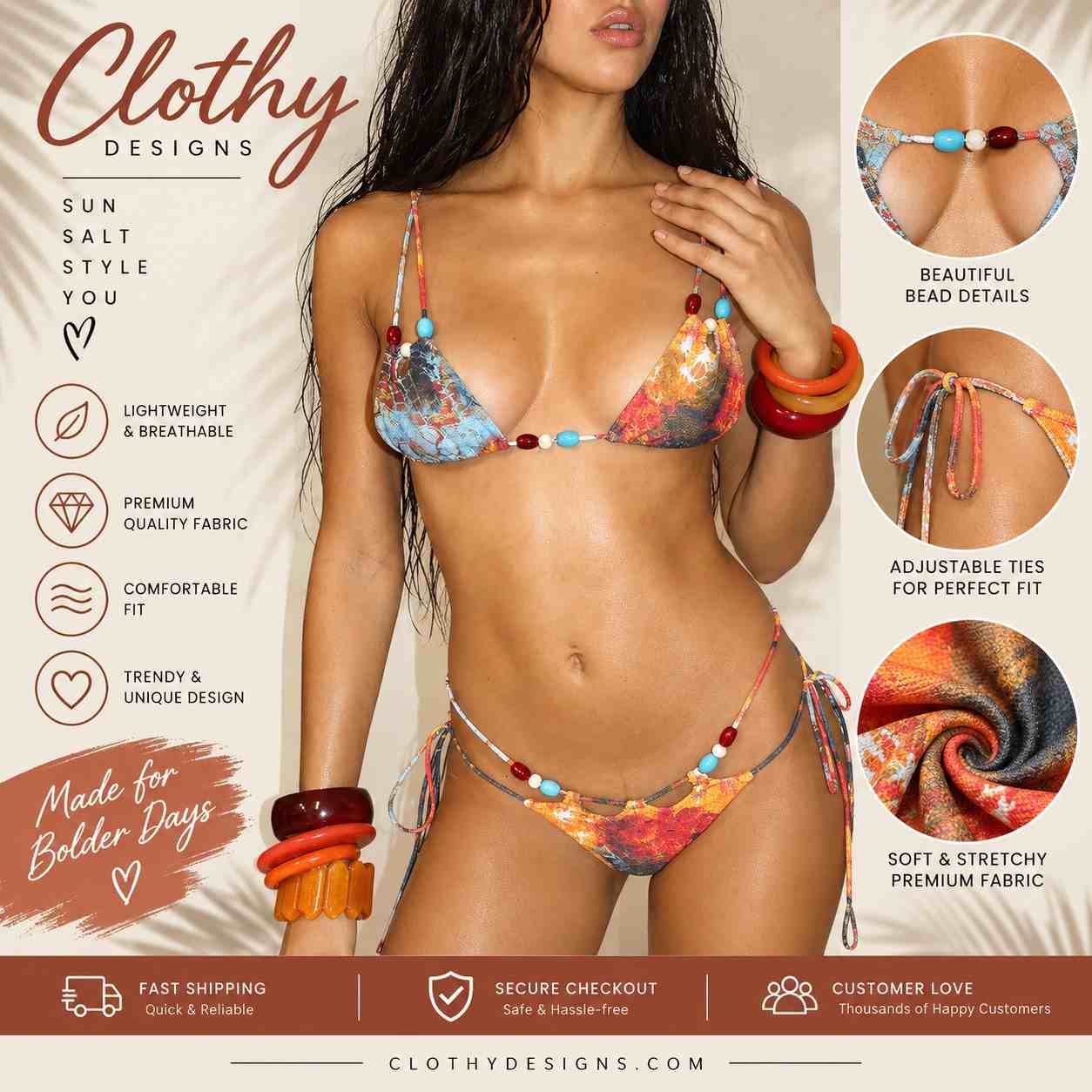 Women's 3-Piece Bikini Beachwear Set – Lace-Up Bikini, Embellished Skirt & Summer Co-Ord Outfit